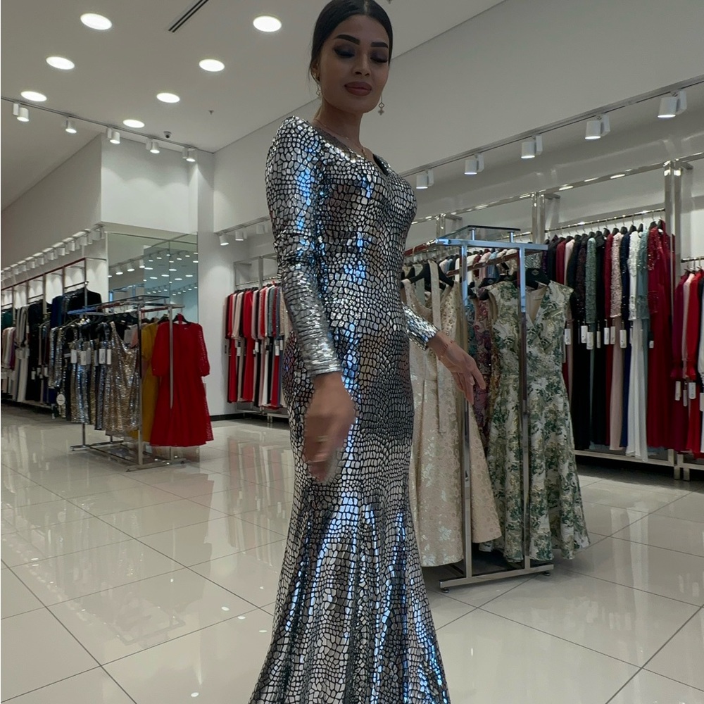 Elegant Silver Sequin Evening Gown
